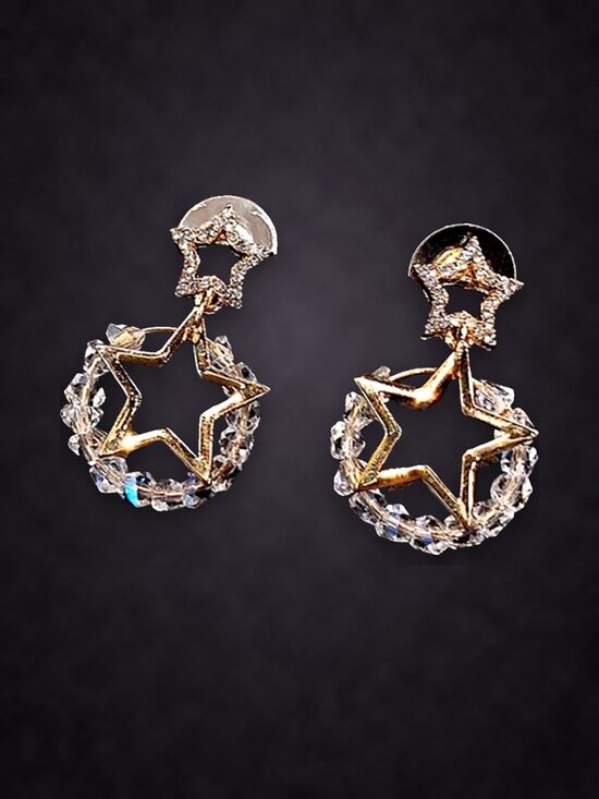 Jewelry - Gold Tone Star and Crystal Bead Circle Drop Earrings NWT